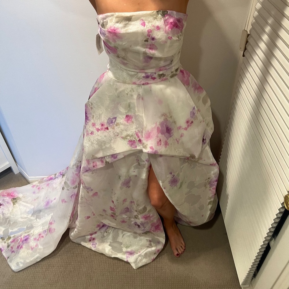 Monique Lhuillier floral print jacquard gown in lavender